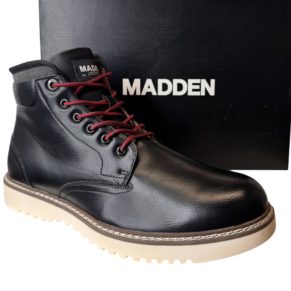 Madden by Steve Madden Mens Black Side Zip Lace Up Boots Size 11 Lug Sole